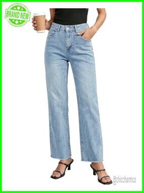 High Waisted Straight Leg Jeans Frayed Raw Hem Stretchy Denim Pants